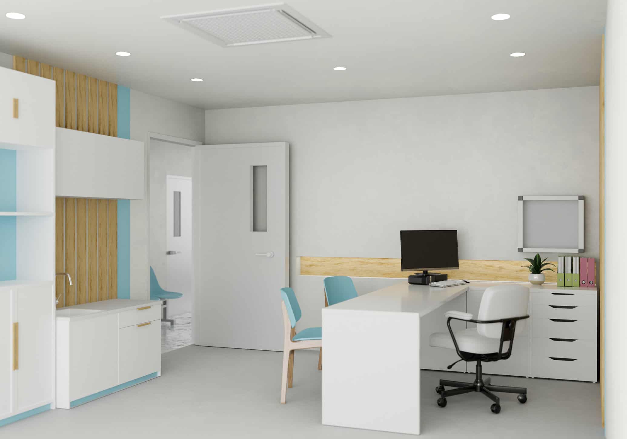 Modern white and bright doctor office or medical office interior with computer on doctor office desk
